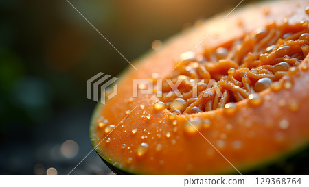 Fresh cantaloupe half with glistening droplets, a symbol of summer and healthy eating delight 129368764