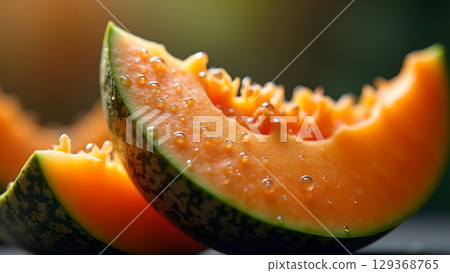 Close-up of fresh cantaloupe slice with water droplets a refreshing and healthy treat summer 129368765