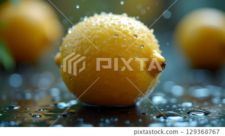 Fresh lemons with water droplets reflecting light a beautiful image showcasing natural freshness 129368767