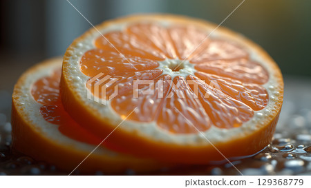 Macro Shot of Two Vibrant Orange Citrus Fruit Slices on a Wet Surface with Captivating Details 129368779