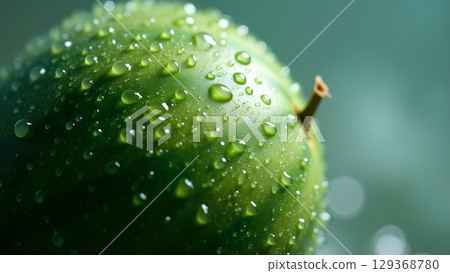 Close up of a fresh green apple with water droplets glistening in the sunlight, natural beauty Close up of a fresh green apple with water droplets glistening in the sunlight, natural beauty 129368780