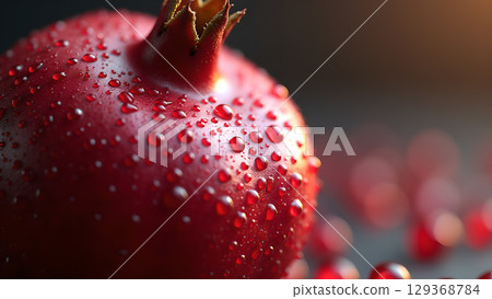 Fresh and juicy pomegranate with water droplets showcasing vibrant color and healthy freshness ready to eat 129368784