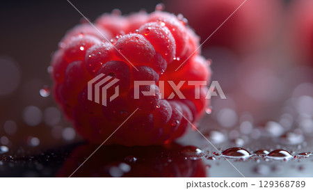 Close-up raspberry with water droplets showcasing freshness and visual appeal for food photography lovers perfect for advertising Close-up raspberry with water droplets showcasing freshness and visual appeal for food photography lovers perfect for advertising 129368789