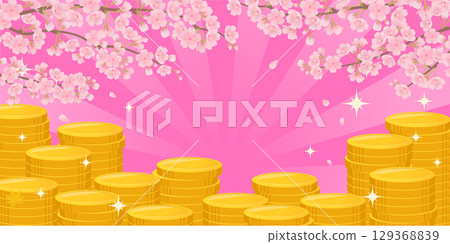 Spring cherry blossoms and stacked coins background_Vector illustration Spring cherry blossoms and stacked coins background_Vector illustration 129368839
