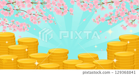 Spring cherry blossoms and stacked coins background_Vector illustration Spring cherry blossoms and stacked coins background_Vector illustration 129368841