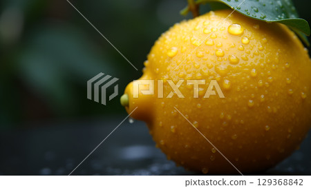 A refreshing close-up shot of a lemon covered in glistening water droplets outside with natural background 129368842