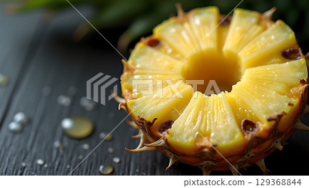 A Refreshing Slice of Summer: Close-Up of a Sliced Pineapple with Water Droplets, Perfect for a Tropical Treat A Refreshing Slice of Summer: Close-Up of a Sliced Pineapple with Water Droplets, Perfect for a Tropical Treat 129368844
