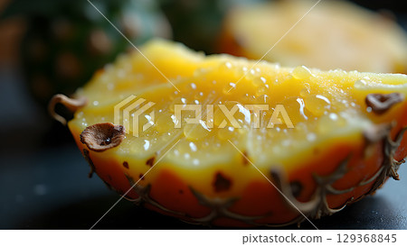 Fresh and Juicy Pineapple Slice Displaying Glistening Water Droplets on a Dark Surface for Food Photography Fresh and Juicy Pineapple Slice Displaying Glistening Water Droplets on a Dark Surface for Food Photography 129368845