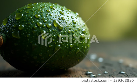 Freshness depicted with a close-up of a vibrant green lime covered with glistening water droplets creating a refreshing and enticing impression Freshness depicted with a close-up of a vibrant green lime covered with glistening water droplets creating a refreshing and enticing impression 129368850