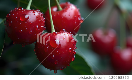 Fresh vibrant cherries covered with glistening water droplets create a beautiful and healthy summer image 129368853