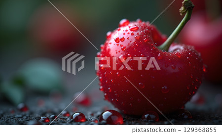 A single vibrant cherry adorned with glistening droplets evokes freshness and tempting beauty with a blurred background A single vibrant cherry adorned with glistening droplets evokes freshness and tempting beauty with a blurred background 129368855