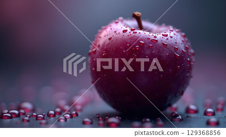 A vibrant red apple glistening with water droplets in a dark and atmospheric setting creates captivating imagery 129368856