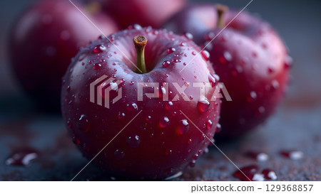 Close-up of fresh red plums glistening with water droplets reflecting light against a dark surface with other plums Close-up of fresh red plums glistening with water droplets reflecting light against a dark surface with other plums 129368857