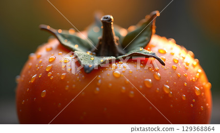 Close-up of a vibrant orange persimmon with glistening water droplets showcasing freshness and natural beauty in detail 129368864
