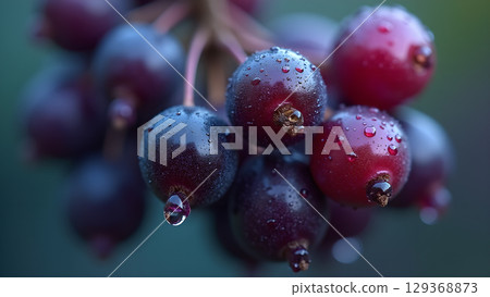 Close-up of fresh blackcurrants with water droplets illustrating freshness and natural beauty of the produce 129368873