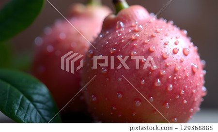 Close up of two pink rose apples glistening with fresh water droplets and vibrant green leaves 129368888