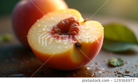 A close up image displaying half of a juicy ripe peach glistening with water droplets on the surface 129368977