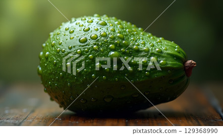 Fresh avocado covered in water droplets showcasing vibrant green color and texture on wooden surface offering health benefits 129368990