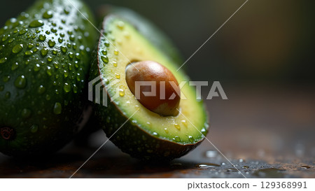 Fresh avocados with water droplets offer a healthy and vibrant culinary delight for discerning tastes and healthy lifestyles Fresh avocados with water droplets offer a healthy and vibrant culinary delight for discerning tastes and healthy lifestyles 129368991