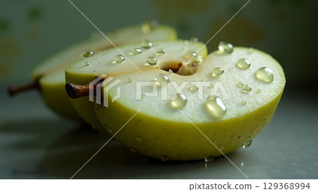 Macro photograph of sliced apple halves covered in translucent water droplets create a refreshing and vibrant image Macro photograph of sliced apple halves covered in translucent water droplets create a refreshing and vibrant image 129368994