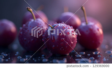 Fresh and Juicy Cherries with Water Droplets: A Delicious Close-Up for Healthy Eating 129369000