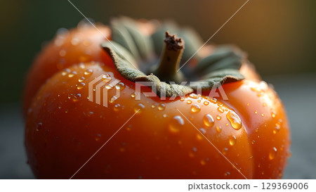 Close up of a fresh persimmon fruit with water droplets showing organic freshness and vitality Close up of a fresh persimmon fruit with water droplets showing organic freshness and vitality 129369006