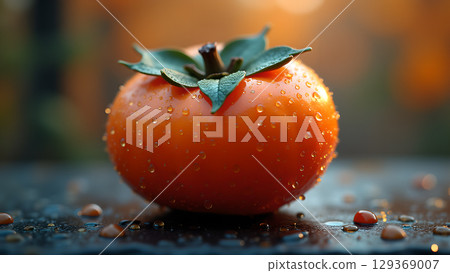 Vibrant persimmon fruit glistening with water droplets a tempting treat on a wet surface, evoking natural sweetness Vibrant persimmon fruit glistening with water droplets a tempting treat on a wet surface, evoking natural sweetness 129369007