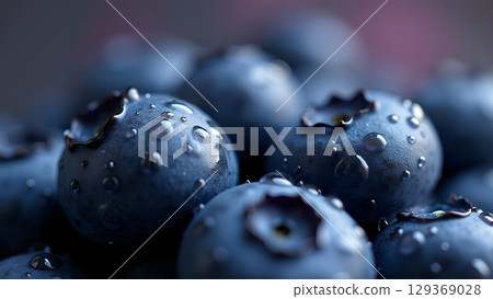 Close-up of a cluster of fresh blueberries glistening with water droplets creates mouth watering visuals for consumers 129369028
