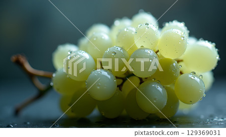 Close-up shot of fresh green grapes with water droplets exhibiting their perfect freshness on table Close-up shot of fresh green grapes with water droplets exhibiting their perfect freshness on table 129369031
