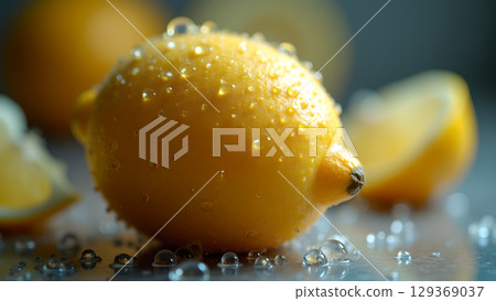 A Fresh Yellow Lemon Splashed with Water Droplets Displayed in Artistic Still Life Photography 129369037