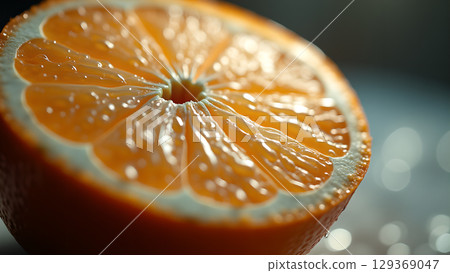 Close-up of a juicy orange slice showcasing its texture and vibrant color with water droplets, and soft lighting Close-up of a juicy orange slice showcasing its texture and vibrant color with water droplets, and soft lighting 129369047