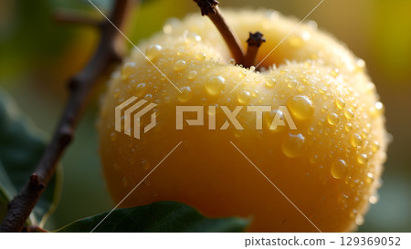 Close up of a yellow apple with water droplets glistening, showcasing fresh and natural appeal 129369052