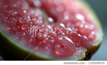 The juicy beauty of guava with water drops displaying its vibrant red color and refreshing nature 129369059