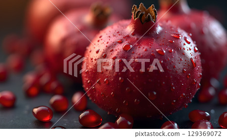 Close up of vibrant pomegranates with water droplets showing healthy and refreshing fruit concept Close up of vibrant pomegranates with water droplets showing healthy and refreshing fruit concept 129369072