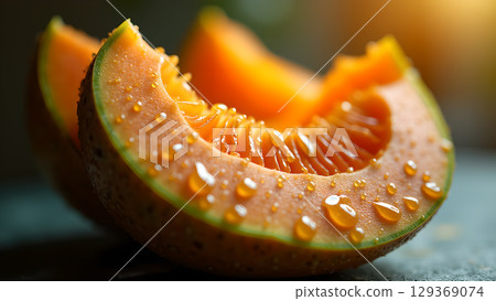 Fresh cantaloupe slices with droplets and textured surface creating an inviting and refreshing presentation perfect for summer 129369074