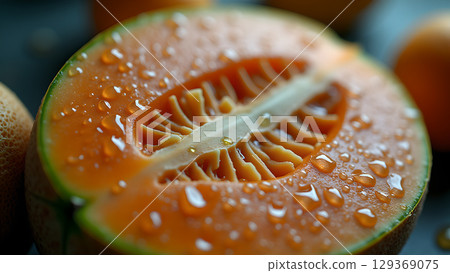 Close-up shot of a juicy and refreshing cantaloupe melon half with water droplets and texture Close-up shot of a juicy and refreshing cantaloupe melon half with water droplets and texture 129369075