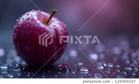 Artistic plum with water droplets on a reflective surface creating a visually appealing and unique composition Artistic plum with water droplets on a reflective surface creating a visually appealing and unique composition 129369187