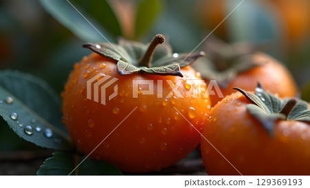 Fresh ripe persimmons with water droplets on the leaves and fruit in the garden are beautiful Fresh ripe persimmons with water droplets on the leaves and fruit in the garden are beautiful 129369193