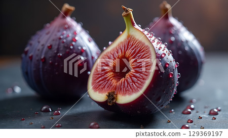 Close-up studio shot showcases the vibrant colors and textures of ripe figs with water droplets for freshness 129369197