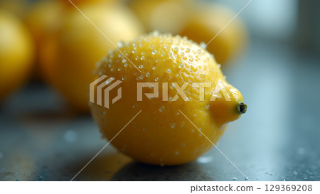 Close up of fresh lemon with water droplets and other lemons in the background creating a bright composition Close up of fresh lemon with water droplets and other lemons in the background creating a bright composition 129369208