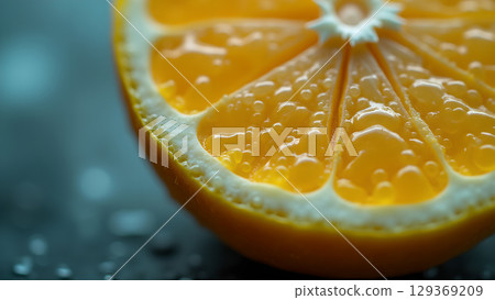 Close-up of a vibrant orange slice with water droplets highlighting its juicy texture and freshness Close-up of a vibrant orange slice with water droplets highlighting its juicy texture and freshness 129369209