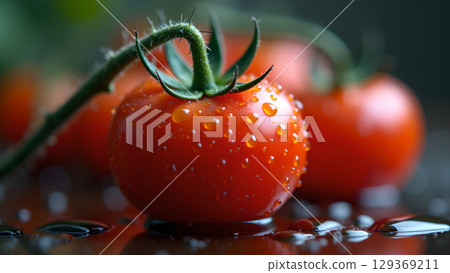 Close-up of Fresh Red Cherry Tomatoes on the Vine with Water Droplets Highlight Their Freshness Close-up of Fresh Red Cherry Tomatoes on the Vine with Water Droplets Highlight Their Freshness 129369211