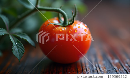 Close-up of a vibrant red tomato freshly picked with water droplets on a wooden surface 129369212