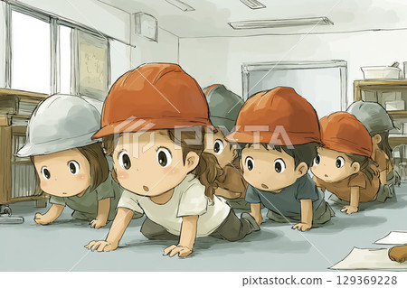 Children crouching down wearing disaster prevention helmets (indoors, classroom) 129369228