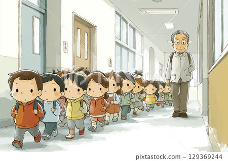 學生依照老師的指示通過疏散路線 學生依照老師的指示通過疏散路線 129369244