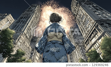 A woman in a yukata who came to watch the fireworks 129369246