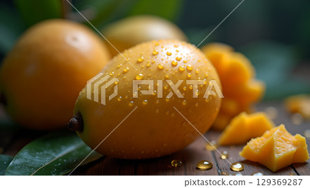 Fresh ripe mangoes with water droplets and cut pieces on a wooden surface capture the essence of tropical delight 129369287