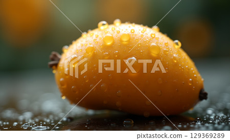 Close up of a loquat fruit with glistening water droplets after refreshing rain shower 129369289