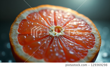 Close-up of a vibrant pink grapefruit, showcasing its juicy texture and refreshing qualities for healthy eating 129369298