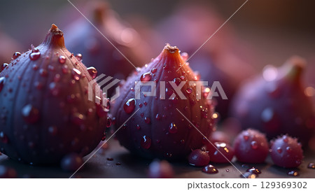 Close-up of fresh ripe figs covered in water droplets creating an enticing and refreshing food background Close-up of fresh ripe figs covered in water droplets creating an enticing and refreshing food background 129369302